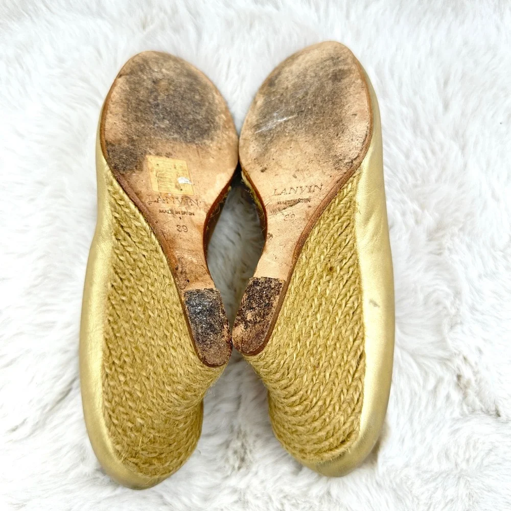 Lanvin Gold Metallic Leather Jute Wedge Sandals Women’s 39 US‎ 9